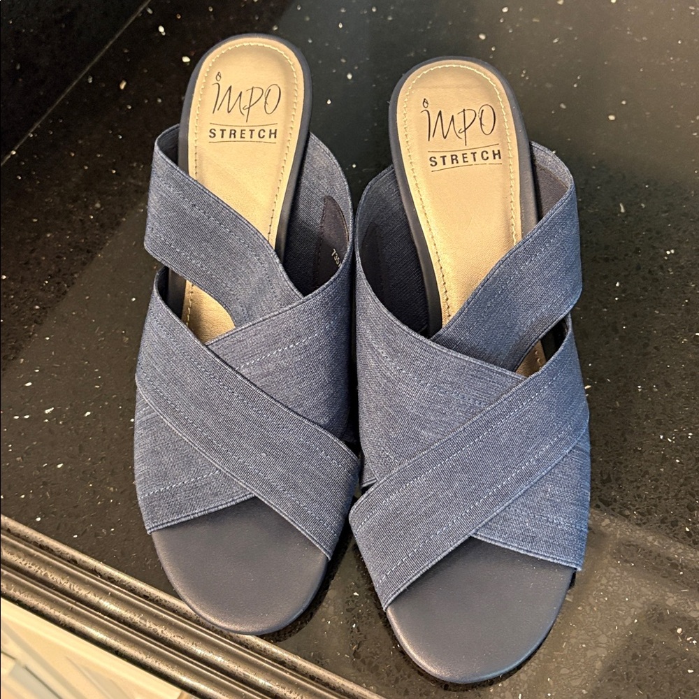 *Impo Denim Blue Stretch Wedges Sandals Mules Slides BOHO Beach Vacation - Picture 5 of 14
